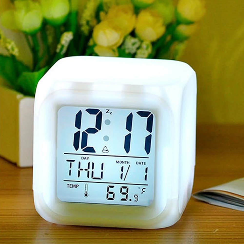 

LED Alarm Clock Desk Digital Alarm Thermometer Glowing Cube Clock Seven color light conversion save power Hot Sale
