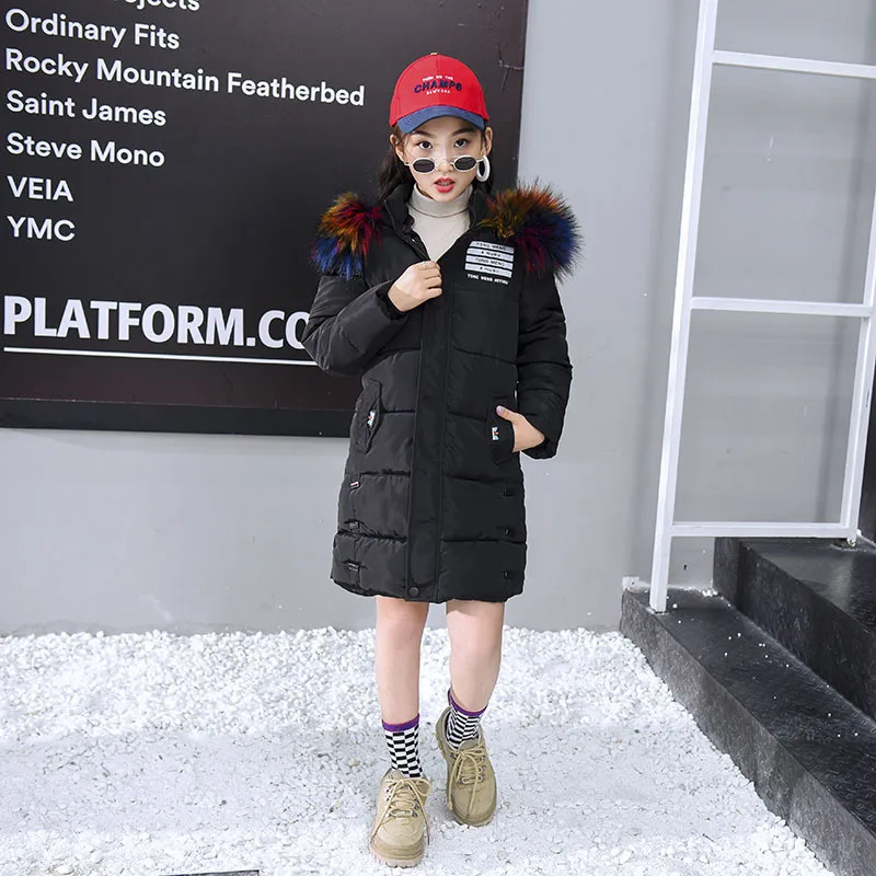 Зимние куртки для девочек; теплое пальто; детская одежда; зимний комбинезон; Верхняя одежда и пальто; одежда для детей; куртка с капюшоном и мехом; детские парки - Цвет: Черный