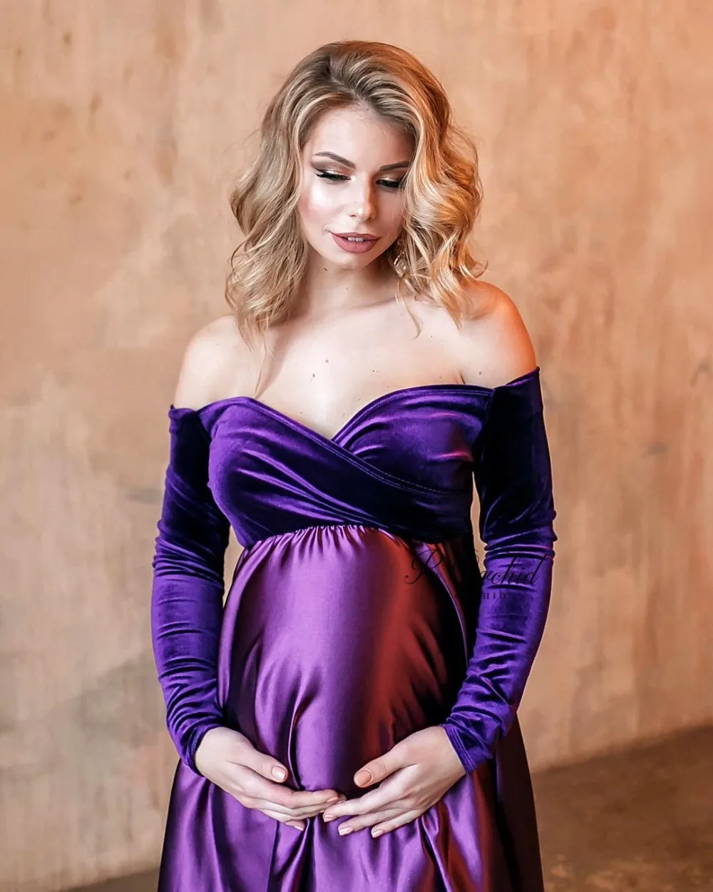 PEORCHID сексуальное бархатное фиолетовое вечернее платье для беременных женщин Robes De Soiree, женские длинные вечерние платья с рукавами