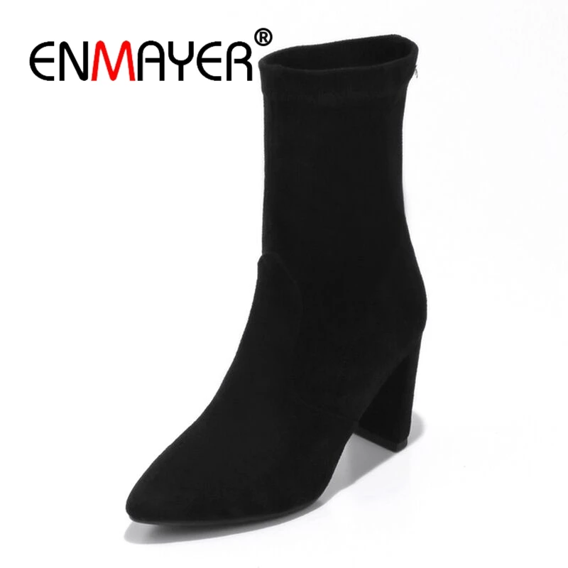

ENMAYER Flock Woman High Heels Ankle boots Pointed Toe Spike heels Women Boots Autumn Winter Black Fashion Boots For Women CR485