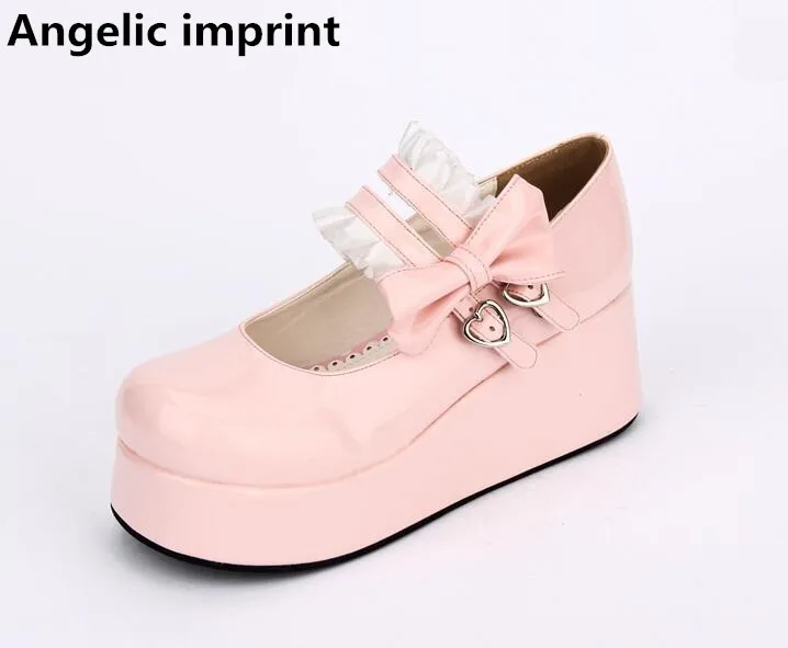 

Angelic imprint woman mori girl lolita cosplay shoes lady high wedges heels pumps women princess dress shoes lacework bow 33-47