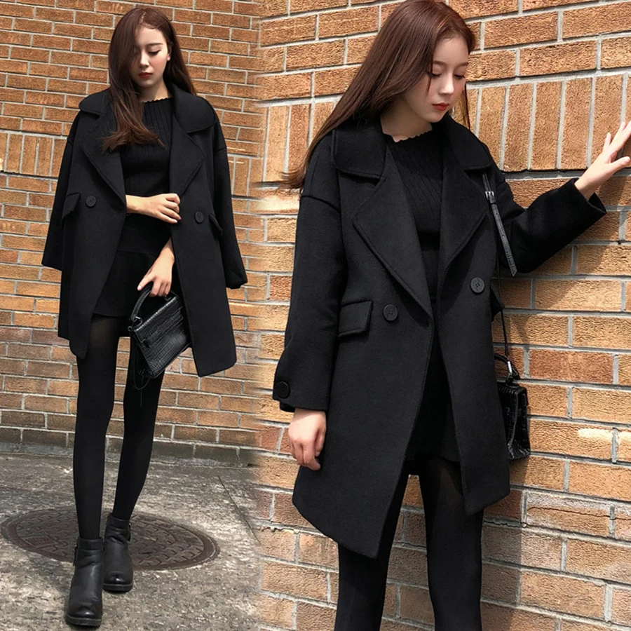 Mulena Loose Thick Black Long Wool Blends Coats Women Solid Double Breasted Pockets Office Work Ladies Winter Hardy Warm Coats Mulena Loose Thick Black Long Wool Blends Coats Women Solid Double Breasted Pockets Office Work Ladies Winter Hardy Warm Coats