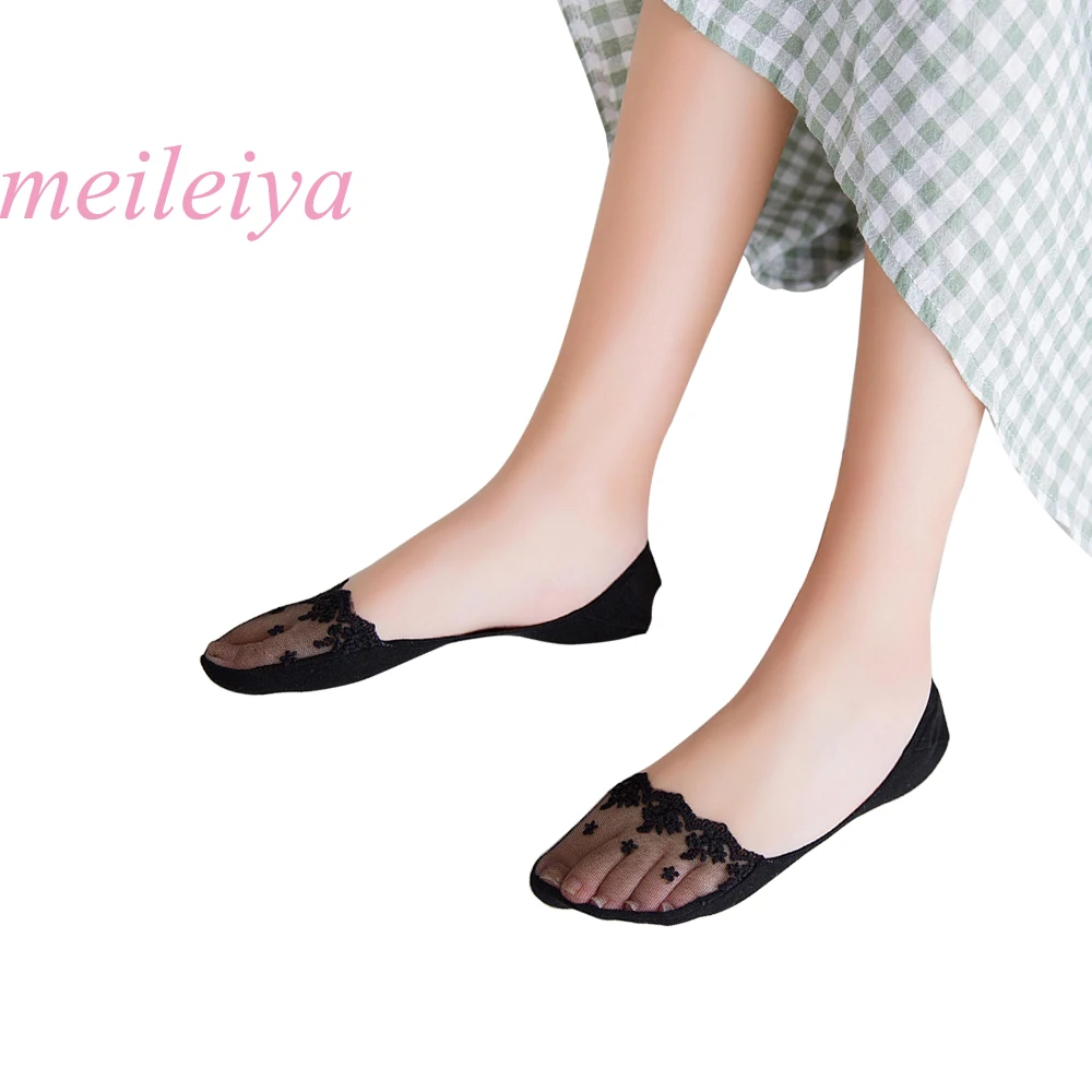 

MEILEIYA 5 Pairs / Bag New Lace Waist Cotton Socks Ladies Invisible Socks Women Socks Silicone Anti-Shedding Boat Socks 4 Color