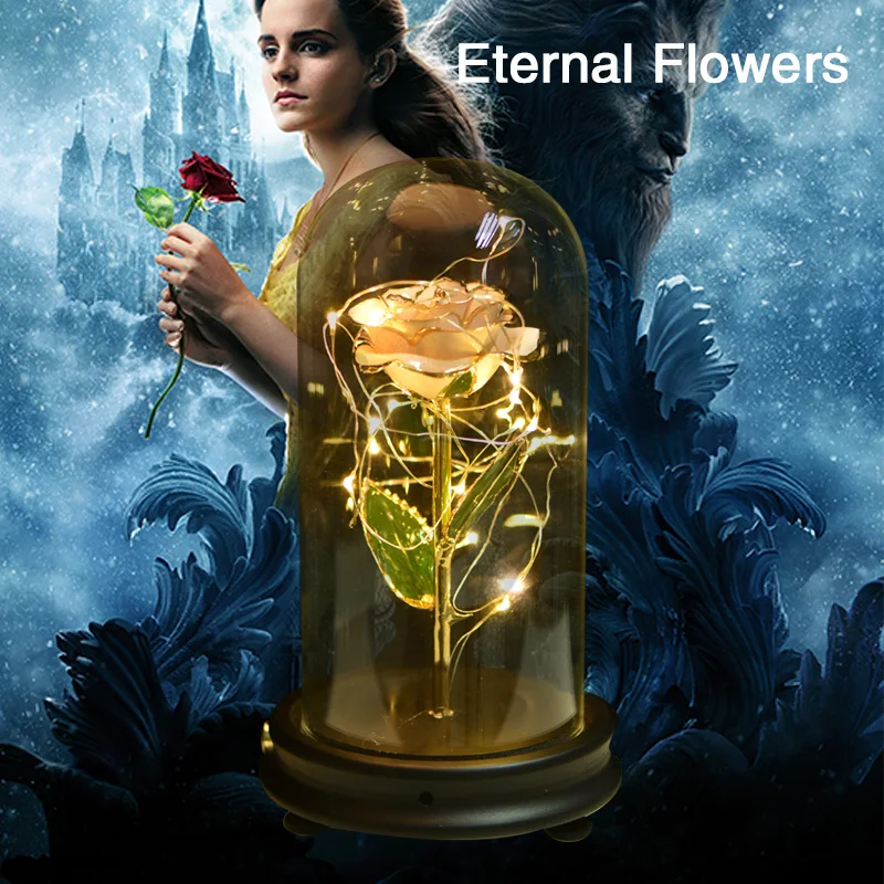 

WR 2019 Drop Shipping White 24K Gold Rose with LED Light Artificial Decoration Flowers in Decorative Glass Dome Wood Base Gifts