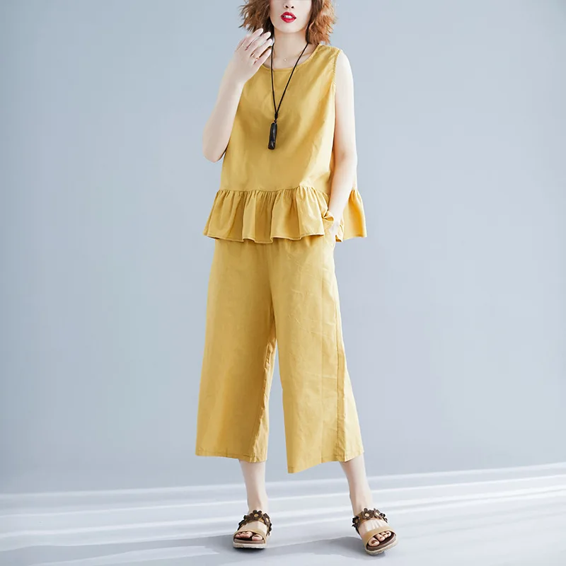 

Johnature New Summer Korean Women Two Piece Sets 2019 Casual Sleeveless Ruffles Top Elastc Waist Wide Leg Calf-length Pant Sets