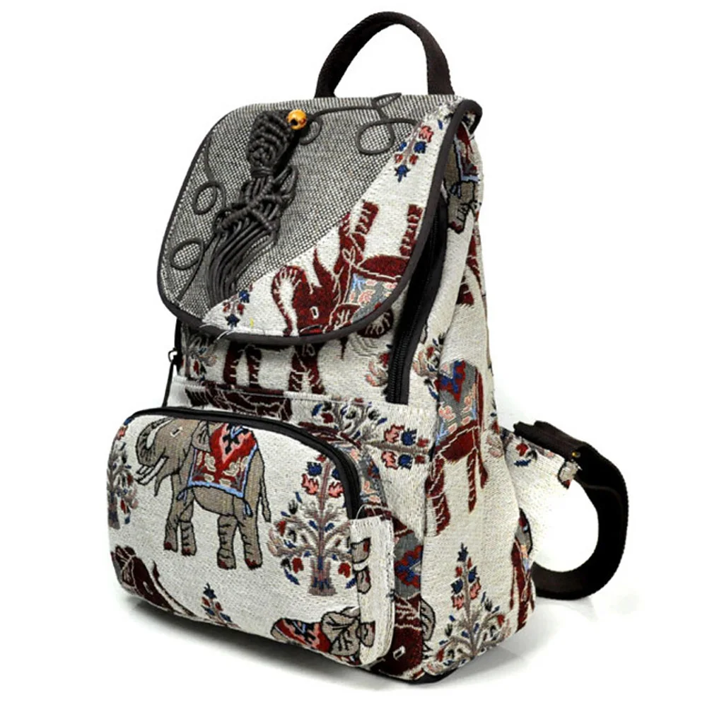 Thail Boho mujer Mochila elefante bordado Mochila lona hombro bolsa viaje Mochila escolar mujer Mochila
