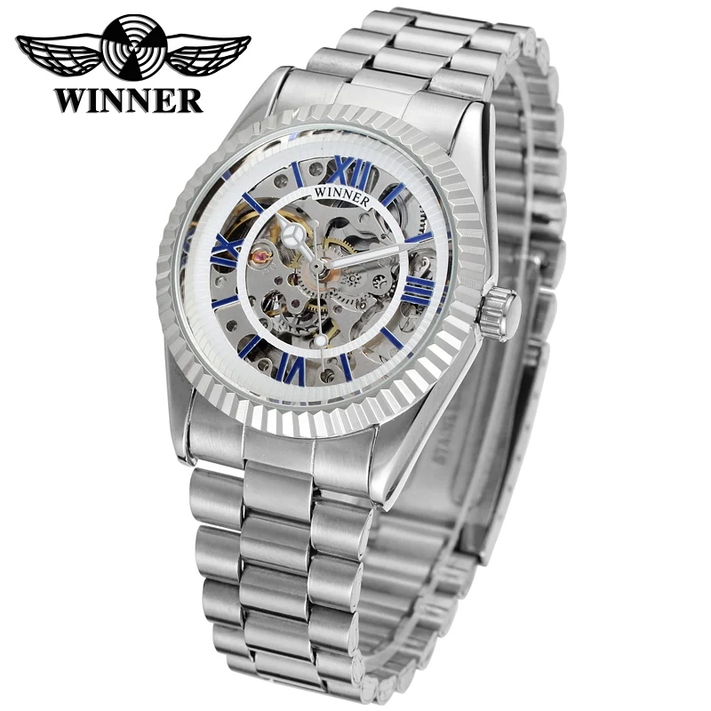 

WINNER Men Luxury Brand Roman Number Stainless Steel Skeleton Watch Automatic Mechanical Wristwatches Gift Box Relogio Releges