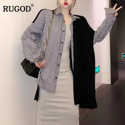 RUGOD 2018 новые плед сращены блузка рубашка Для женщин с длинным рукавом Повседневная блузка Для женщин отложной воротник плюс Размеры Для