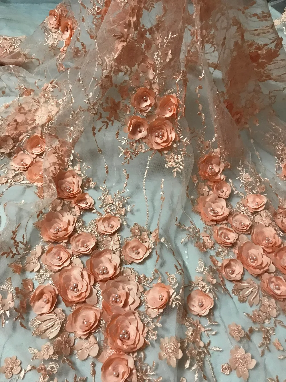 3d Flower Embroidered Tulle Fabric With Beads Good Selling ZH 5612 