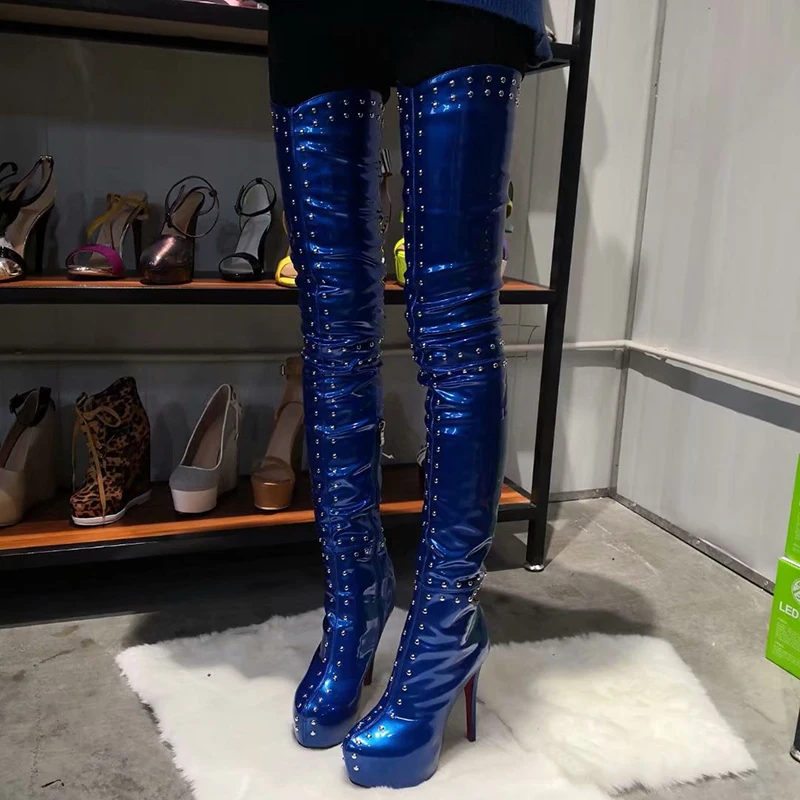 Olomm/Новое поступление, женские облегающие высокие сапоги на платформе сапоги на высоком каблуке-шпильке вечерняя Обувь синего цвета с круглым носком женская обувь, большие размеры США 5-15