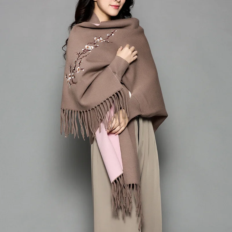 VOHIO winter scarf women female wool plum embroidered sleeve cashmere coat cloak thickening double sided air dual-purpose shawl VOHIO winter scarf women female wool plum embroidered sleeve cashmere coat cloak thickening double sided air dual-purpose shawl