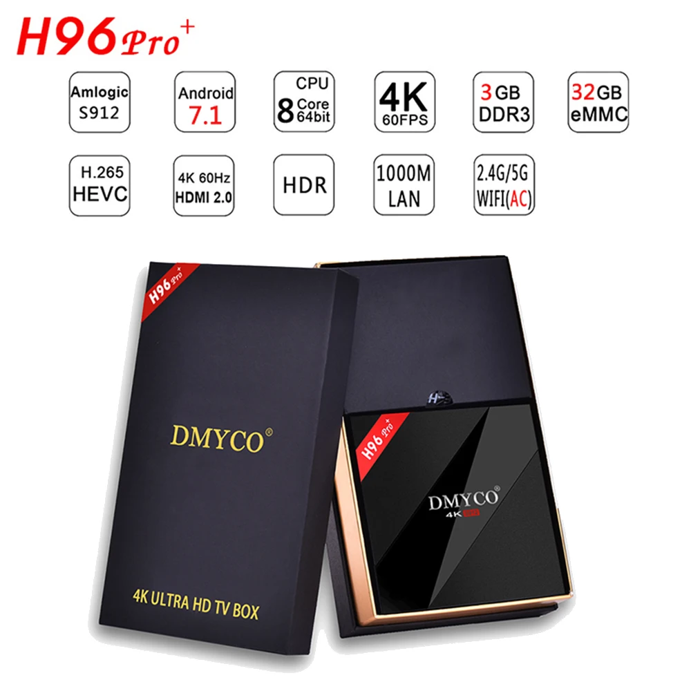 

Newest H96 PRO+Android 7.1 TV Box Ram 3G/ROM32G Amlogic S912 64bit Octa Core H.265 4K Wifi 2.4G/5.8GH Bluetooth 4.0 Media Player