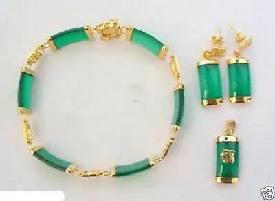

Green Jade 18KGP Fortune Pendant Necklace Bracelet Earrings SetAAA 18K GP Plated gold Bridal wide watch wings queen JEWE