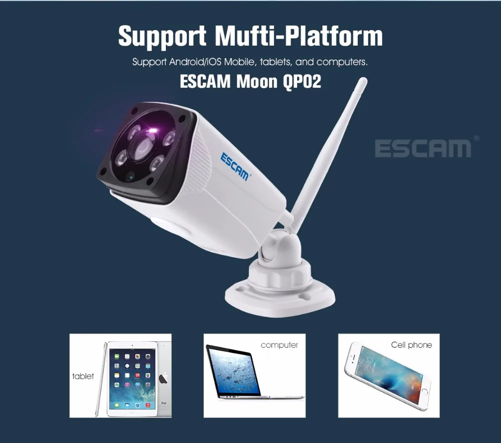 Escam Moon QP02 2MP HD 1080P Wi-Fi камера с сигнализацией, наружная цилиндрическая IR-Cut ip-камера с разрешением 180 градусов, поддержка Макс 64 ГБ, TF карта