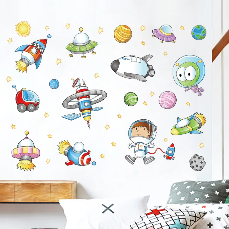 

Space Astronaut cartoon wall sticker children room Outer Space Planet Galaxy Rocket ship decorative Wall Stickers For Kids Rooms