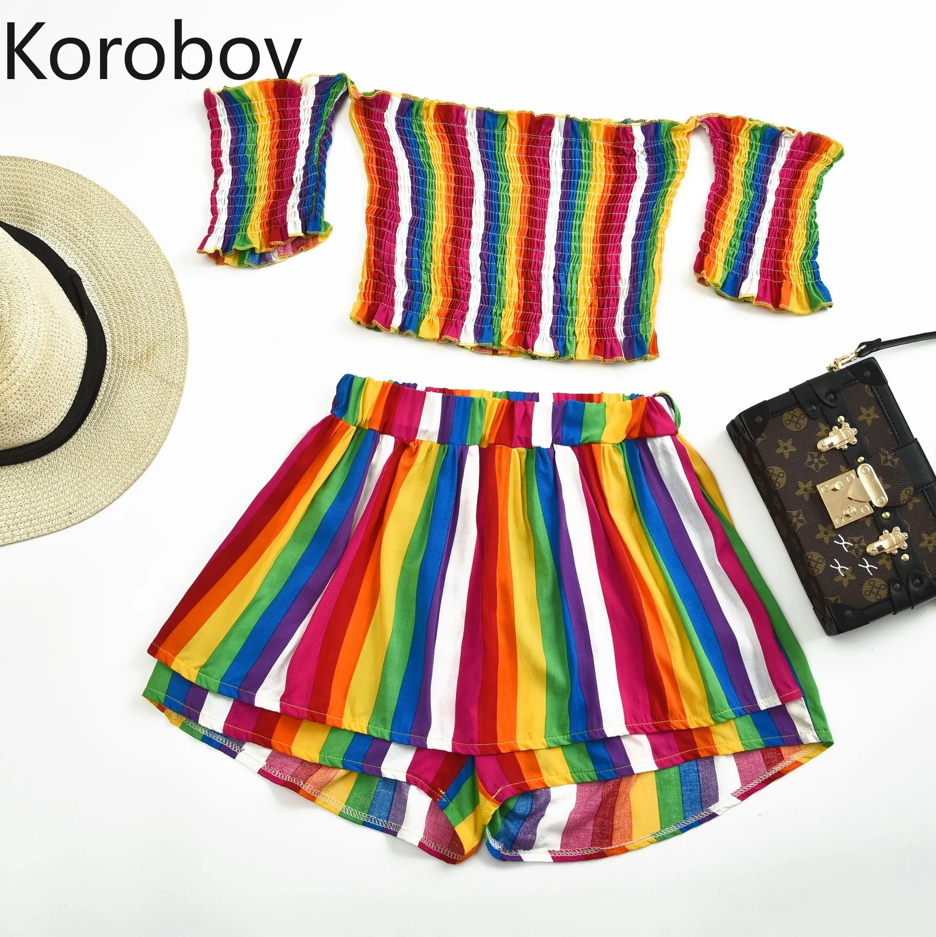 

Korobov Summer Korean Rainbow Striped 2 Piece Set Women Sexy Slash Neck Crop Top + Boho Beach Shorts Two Piece Outfits 78277