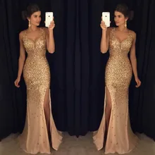 Роскошные Длинные вечерние платья Русалка v-образный вырез кристаллы бисер Сексуальная Открытая спина Шампанское африканские женские вечерние платья для выпускного вечера