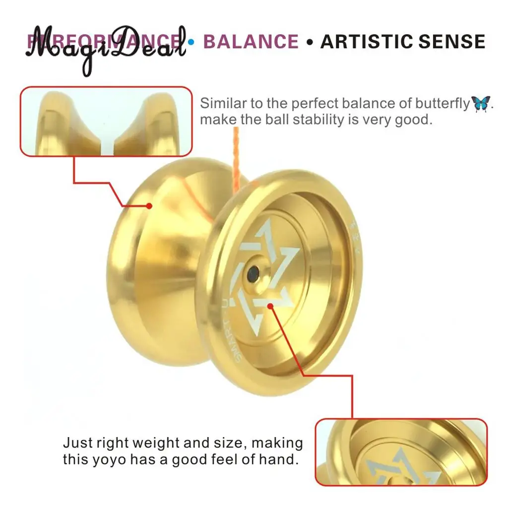 MagiDeal 1Set Cool Aluminum Professional Chinese YoYo Ball Bearing String Trick Alloy for Kids Adult Gift Toy Gold