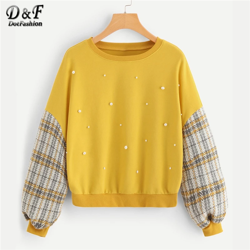 

Dotfashion Yellow Pearl Embellished Drop Shoulder Plaid Sweatshirt Womens Clothes 2019 Autumn Women Fashion Casual Pullovers