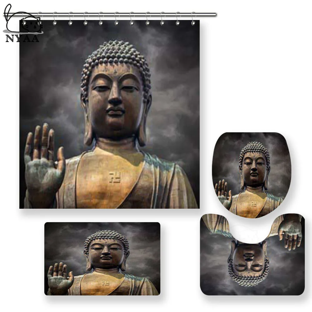

NYAA 4 Pcs Big Buddha Face With Hand Shower Curtain Pedestal Rug Lid Toilet Cover Mat Bath Mat Set For Bathroom Decor