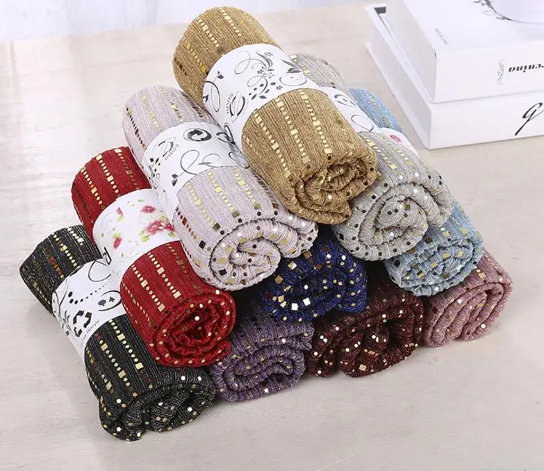 Мерцание шарф шаль мягкий эластичный жатый серебряные блестящие хиджаб 175*70 см Шарф-хомут 10 видов цветов 10 шт./лот