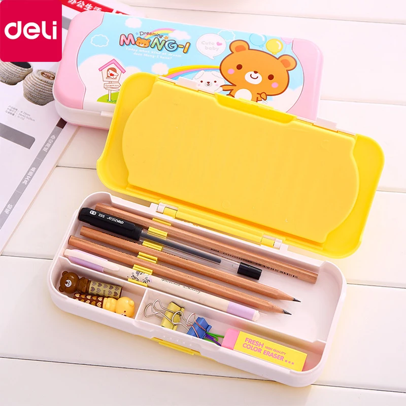 

1pcs Deli 95585 Cartoon Multi-function Pencil Case Children's Three-layer Pencil Case Student Plastic Pen Case School Supplies