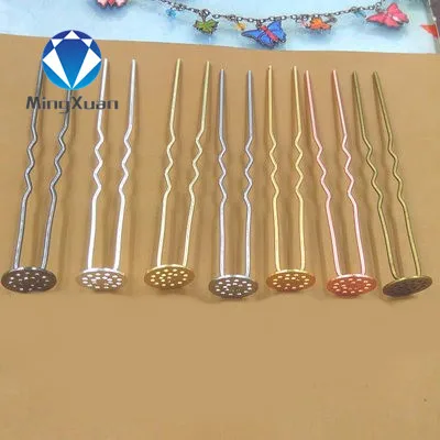 

MINGXUAN 10pcs 12mm Hair Jewelry Settings Cabochon Base Blank Bezel Trays for U Shape Hairpins Barrettes Retro Head Wear DIY