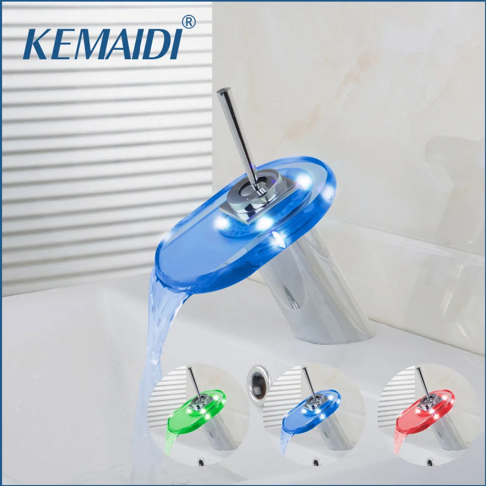 

KEMAIDI 8015 LED Colors Changing Chrome Waterfall Bathroom Basin Sink Mixer Tap Basin Faucet
