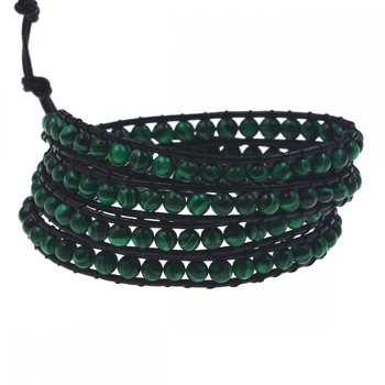

Black leather Braclet 4mm malachite Stone beads 4 round wrap bracelet for Xmas gift cuff bangle
