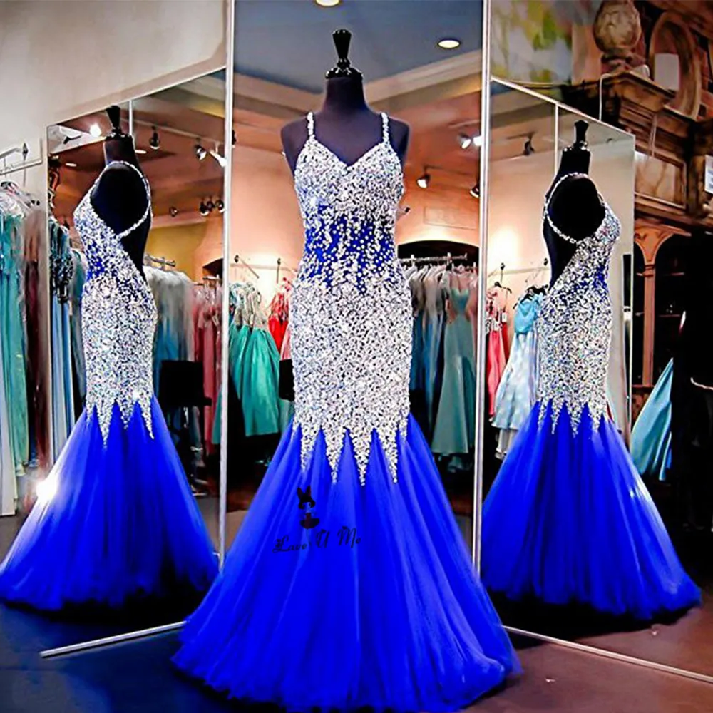 

Royal Blue Crystals Evening Dresses Long Formal Gowns Luxury Straps Cross Sexy Backless Prom Dress Robe de Soiree Abendkleider