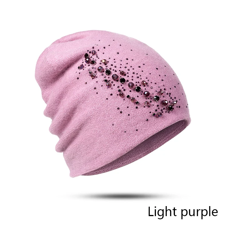 GROUP JUMP зимние шапочки высокого качества Стразы дамские шапочки женские шапки для осени бренд теплая подкладка вязаные шапки шерсть - Цвет: Light purple