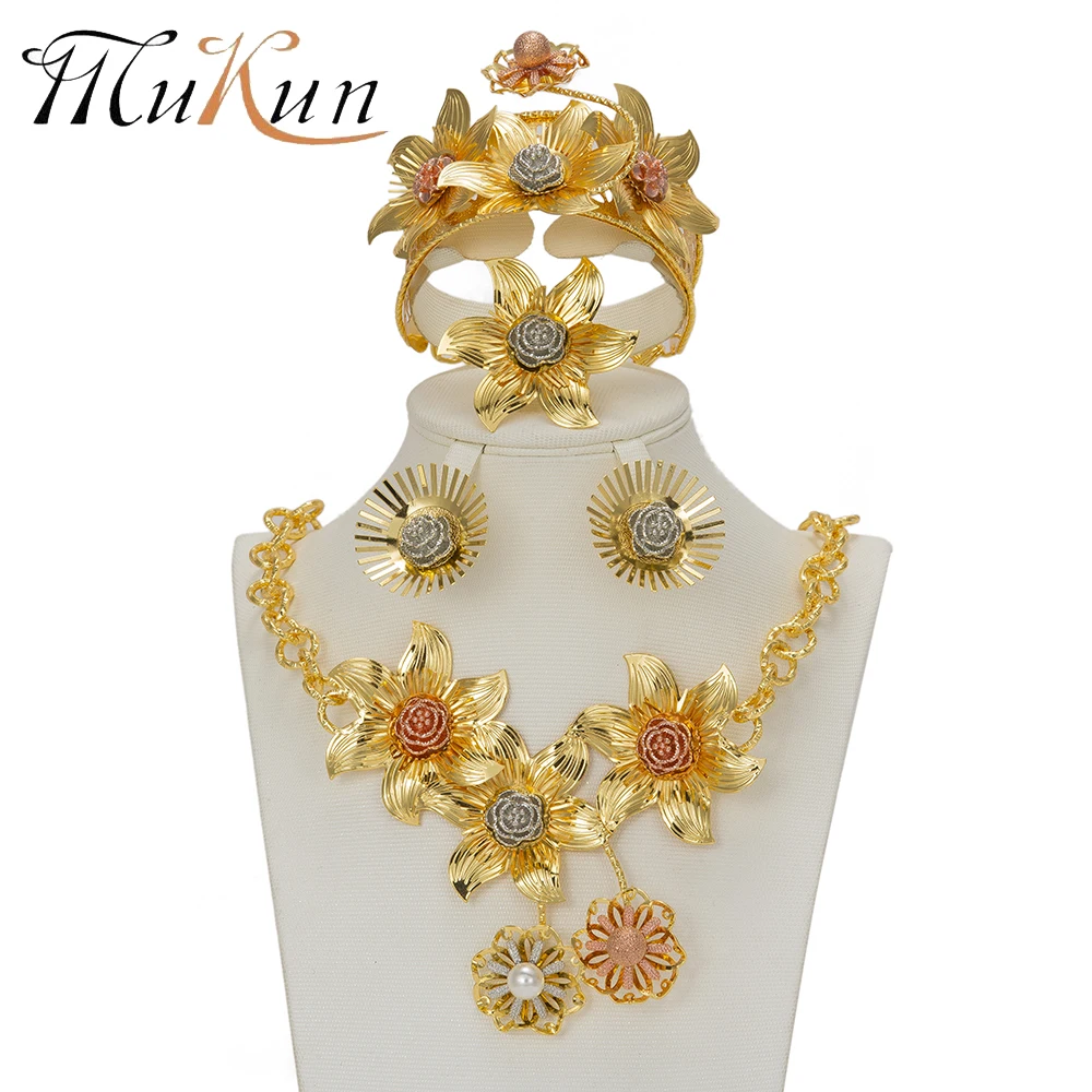 

MuKun Fashion African Beads Jewelry set Women Bridal Flower Gold Color Jewelry Set Costume Jewelry Accessories Necklace Set
