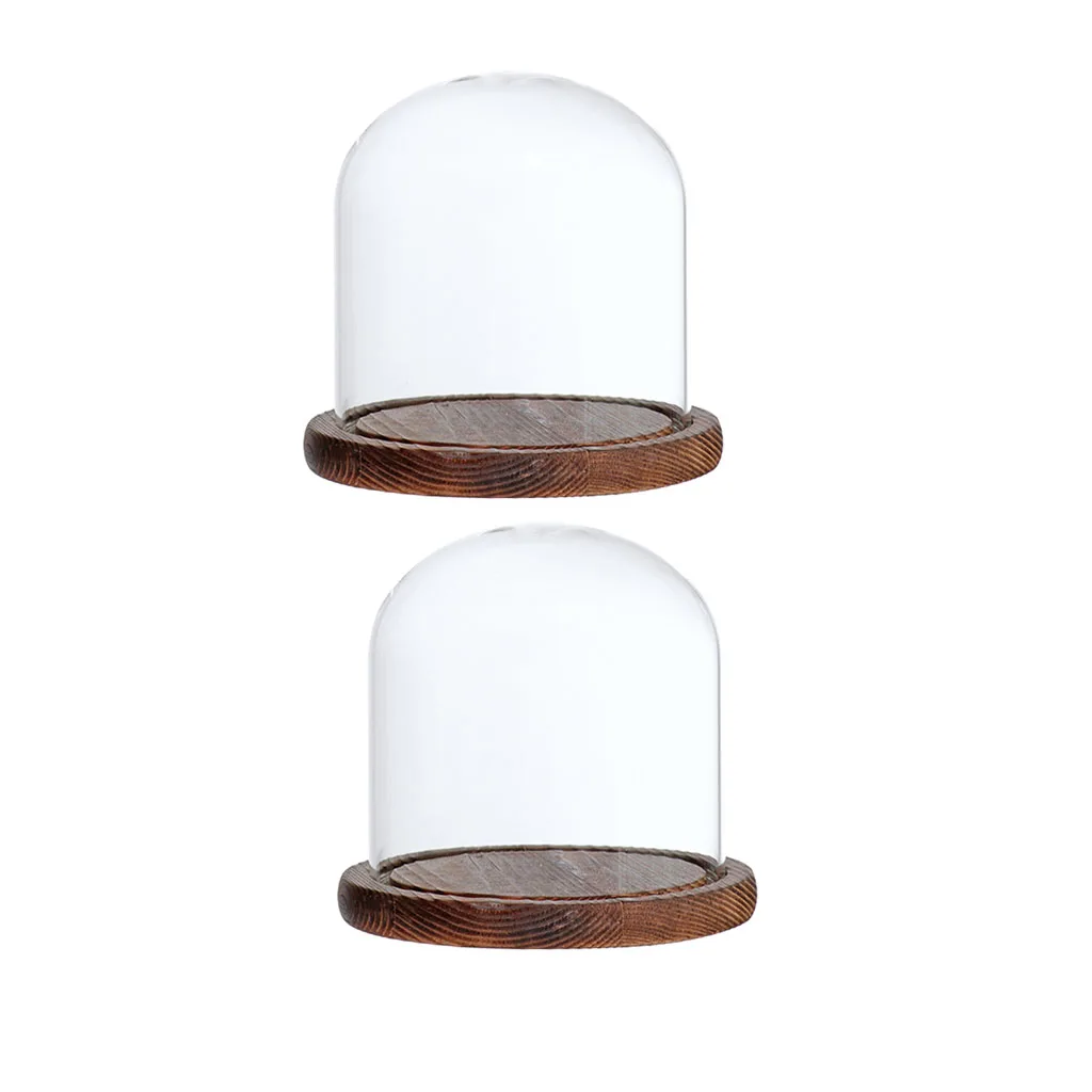 2Pcs 12x12cm Glass Landscape Flower Container LED Light Ornament Display Stand Cover Dome with Wooden Base Brown