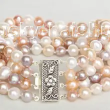 " 4 нити 8 мм многоцветный FW браслет из жемчужин 925 Серебряная застежка j10684