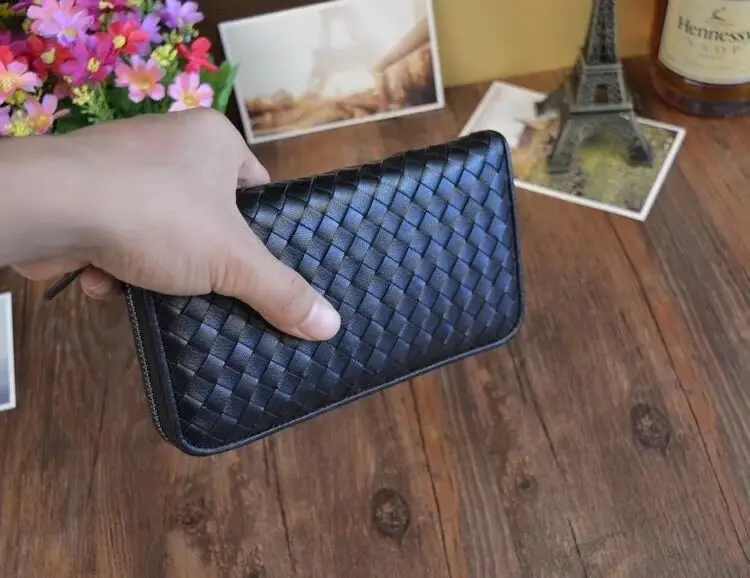 Man & Woman Wallet Sheep skin Knitting Black Zippper long Purse