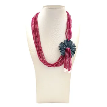 

LiiJi Unique Labcreated Rubys Pearl Beads Mutil strands Big jades flowers Tassels necklace Party Necklace Gift for Girl