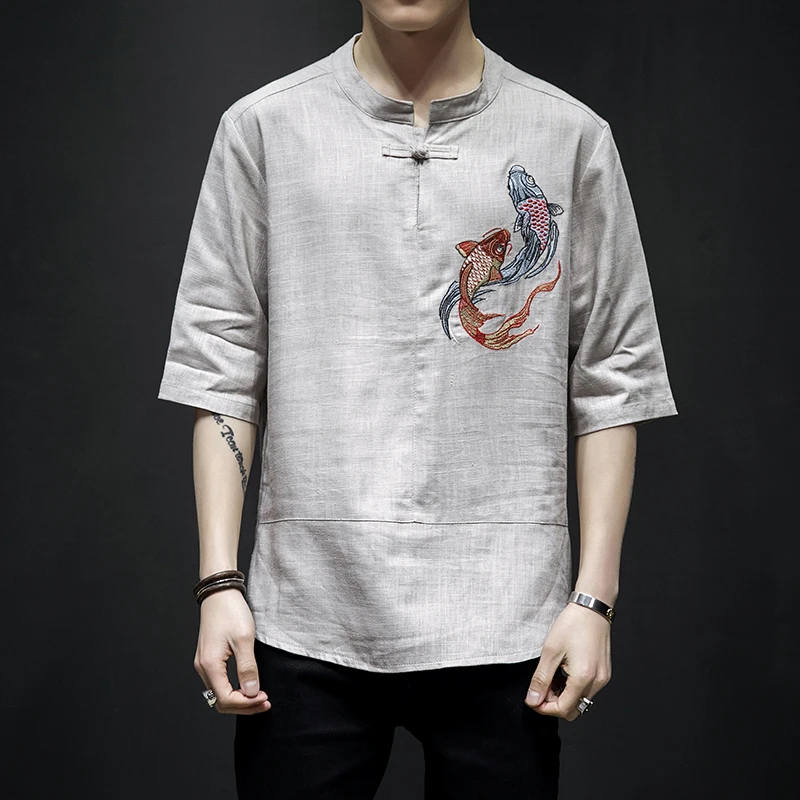 

Cotton Linen Fish Embroidery Camiseta Half Sleeve Shirt Chinese Traditional Costume Tang Shuit Summer Short Sleeve Shirt