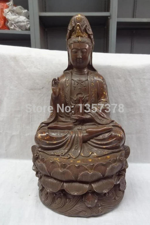 

shitou 00470 15" China Bronze Buddhism Pray Joss Lotus Kwan-Yin Guan Yin Goddess Pot Statue