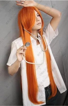 Bleach. Inoue Orihime Orange 100cm long straight cape anime costume cosplay wig +free wig cap cat woman costume