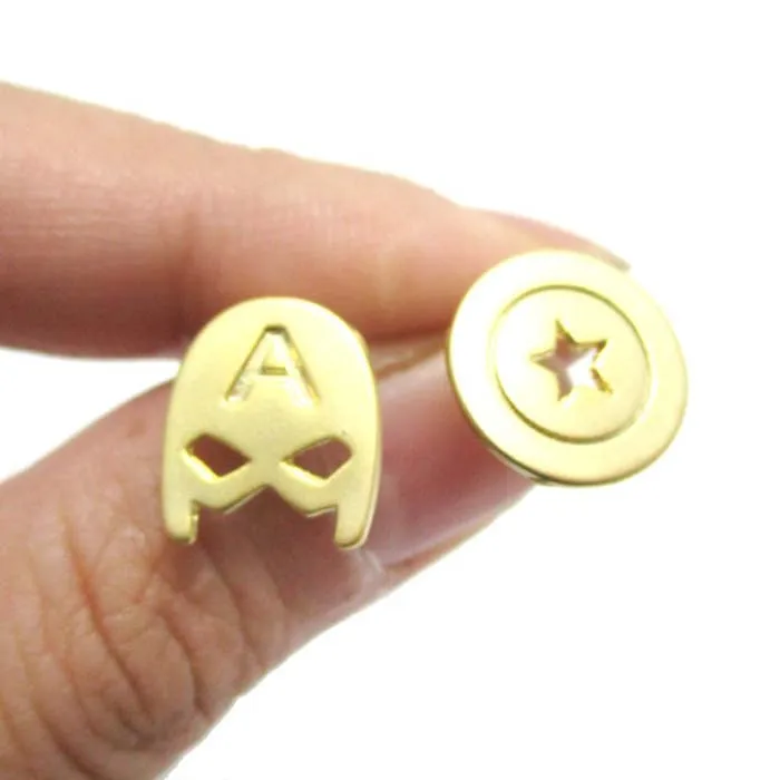 CAPTAIN AMERICA MASK AND SHIELD SHAPED STUD EARRINGS IN GOLD SUPER HEROES JEWELRY