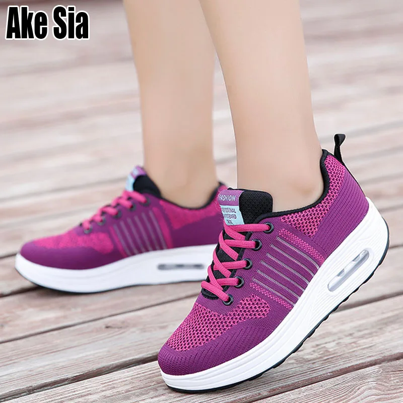 

Ake Sia New Knitting Mesh Air Women Mujer Feminine Fashion Casual Lace Up Walking Zapatillas Increased Heighten Heel Shoes A072