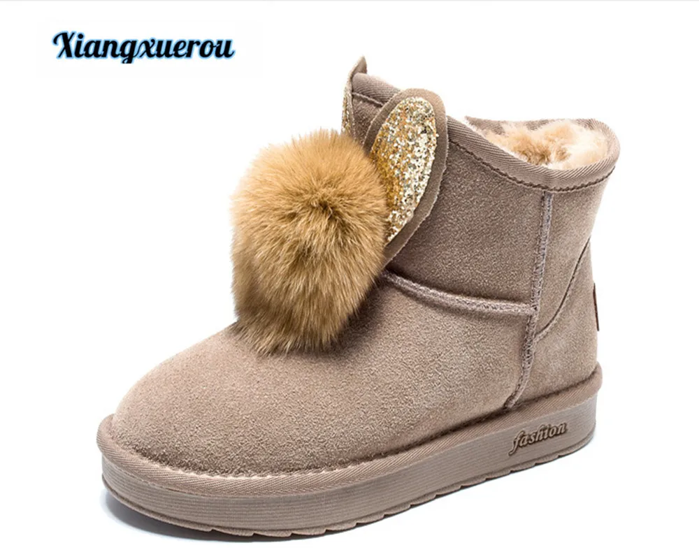 

Xiangxuerou New autumn and winter 2018 rabbit hair ball ball round head thick cowhide short boots female