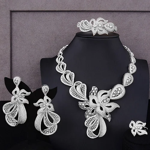 GODKI Luxury Trendy Flowers Nigerian Jewelry sets For Women Wedding Cubic Zircon CZ Dubai Gold Bridal Jewelry Set - Окраска металла: Silver