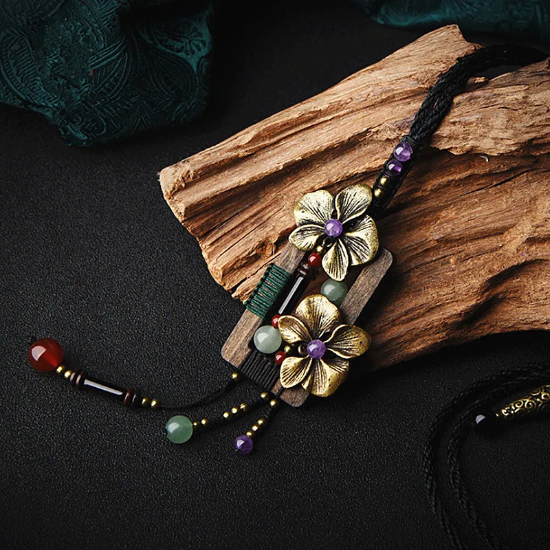 Yanting Bronze Flower Long Necklace Square Wood Vintage Necklace Aventurine Amethyst Ethnic Handmade Sweater Necklaces For Women 039 (12)