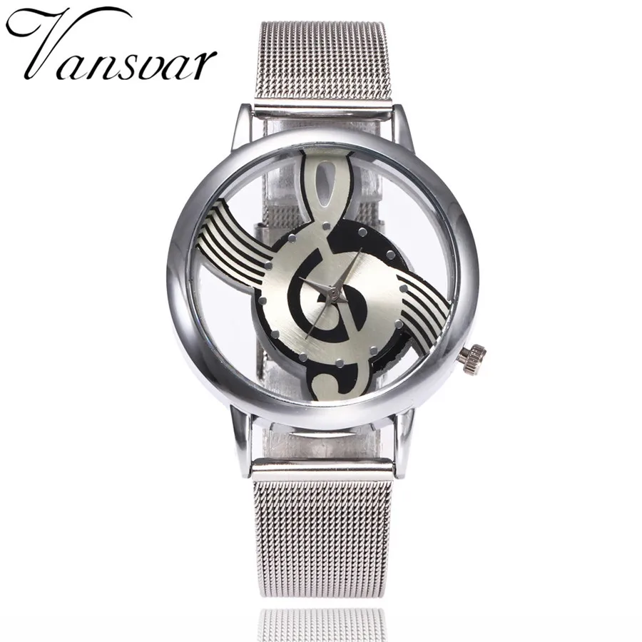 Новинка от бренда Vansvar, Модные полые часы с нотами из нержавеющей стали, кварцевые наручные часы для мужчин и женщин, серебряные сетчатые часы - Цвет: silver mesh