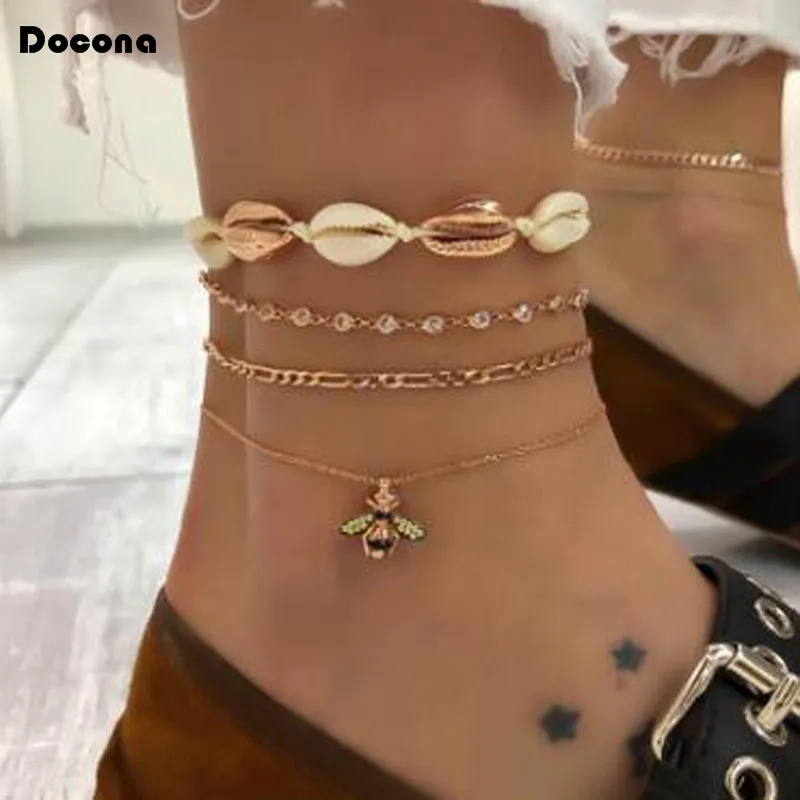 

Docona 4pcs/sets Sea Beach Shell Anklets for Women Gold Color Bohemian Foot Chain Bee Multi-layer Women Accessories 7117
