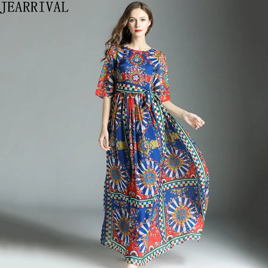 Casual Long Chiffon Summer Dress 2018 New Fashion Women O Neck Short Sleeve Vintage Print Beach
