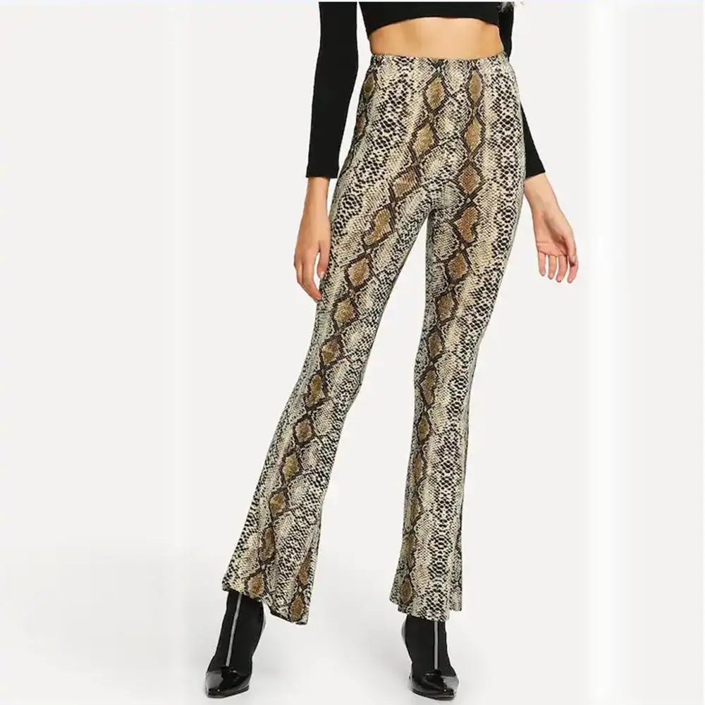 Женские длинные брюки клеш со змеиным принтом и высокой талией pantalon femme taille haute