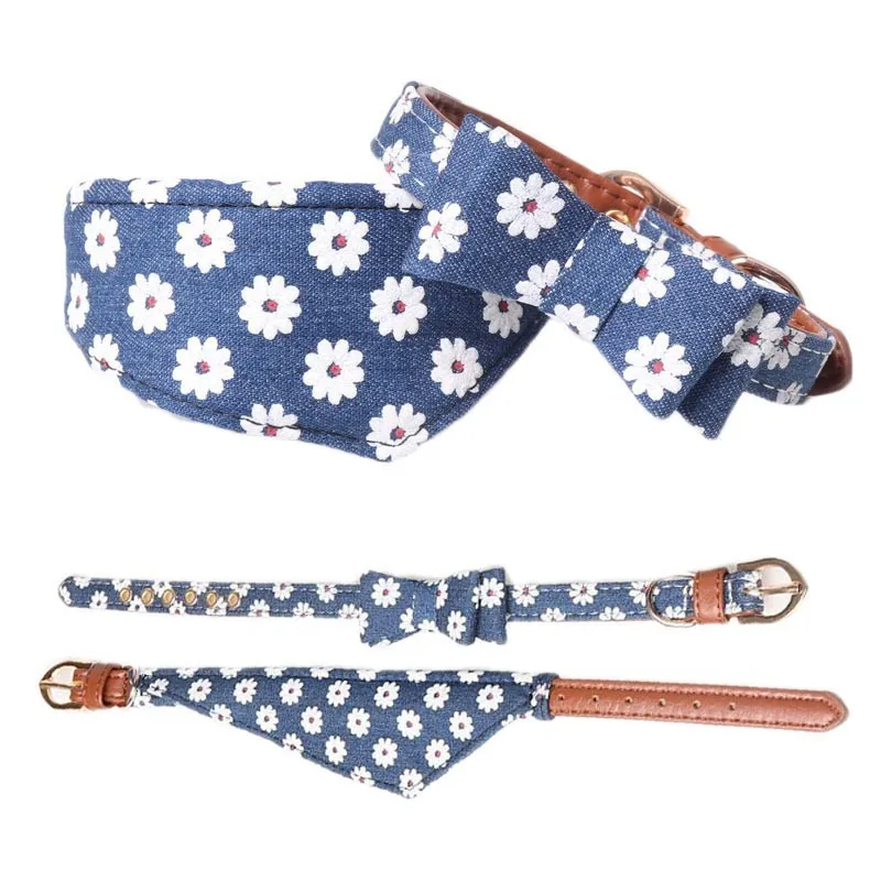 

Blue Dog Collar Pet Cat Bib Bandana Flower Neck Strap Leather Denim Bowknot For Small Middle Perro Teddy Chihuahua Spitz