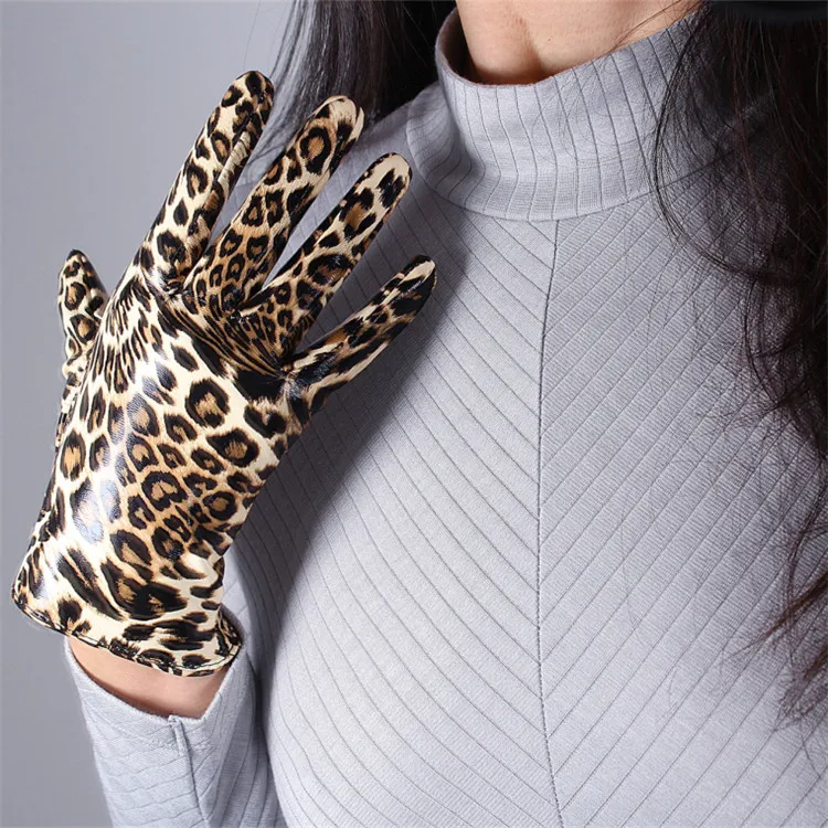 Леопардовые кожаные перчатки, 13 см, лакированная кожа, Ультра короткие, искусственная кожа, ярко-коричневые, леопардовые, животный узор, женские, WPU28